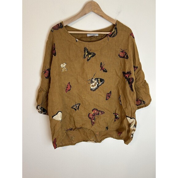 Viola Borghi Tops - Viola Borghi 100% Linen Top L Butterfly Print Mustard Shirt Blouse Lagenlook
